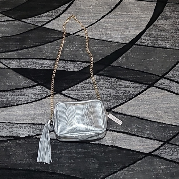 Victoria's Secret Handbags - VS Faux Leather Metallic Silver Snakeskin Chain Strap Tassel Crossbody P…